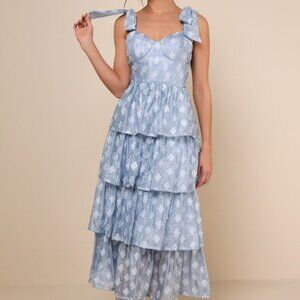 Lulus Gorgeous Excellence Light Blue Floral Burnout Tiered Midi Dress - Size M